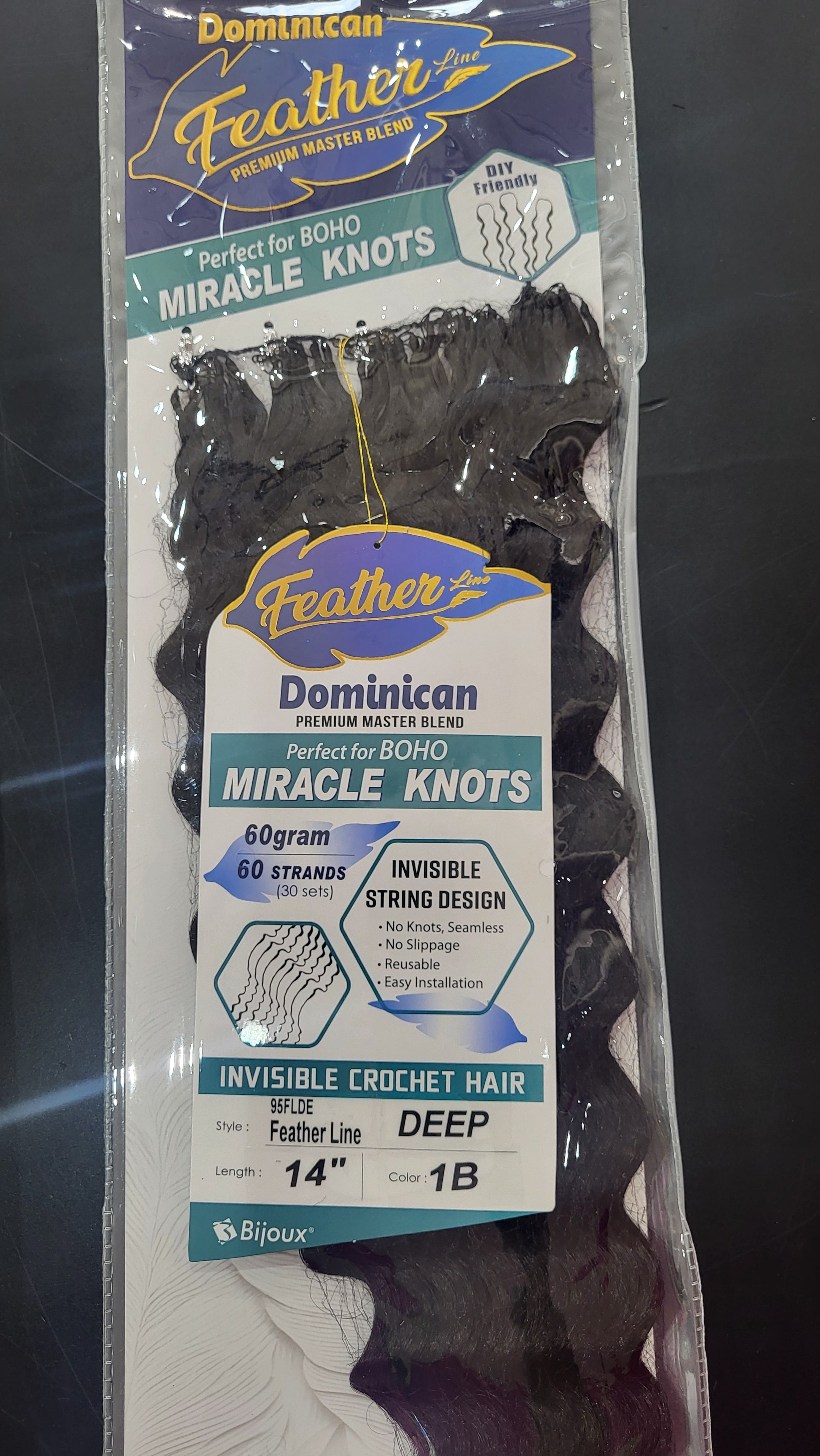 Dominican Feather Line Crochet Hair
Miracle knots 14" 1B