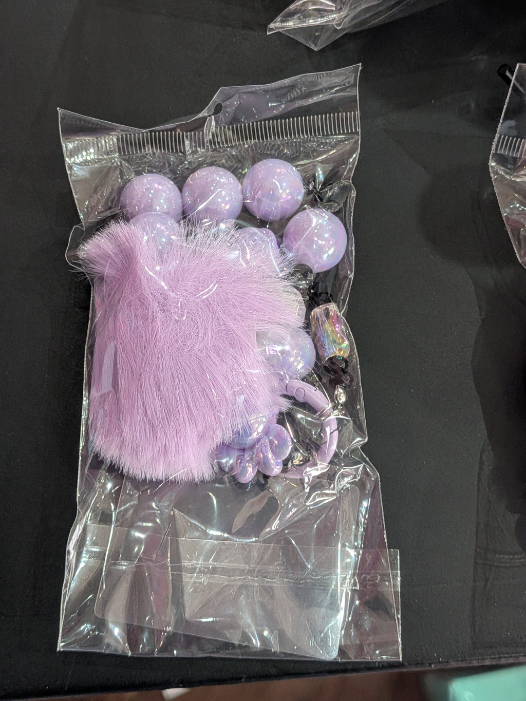 Lavender Beaded Keychain with Pom Pom