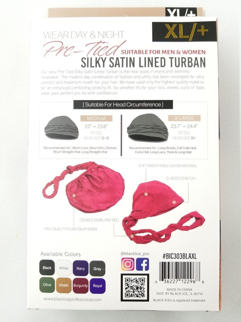 Black Ice Silky Satin Lined Turban XL Pre-Tied