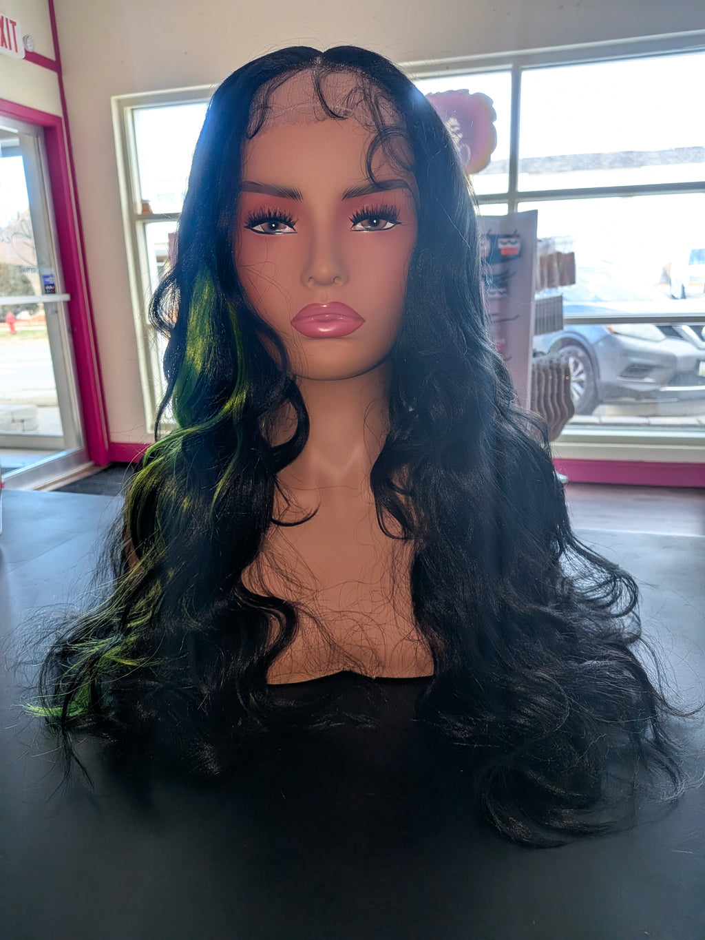Black Wavy Lace Front Wig with a hint of green