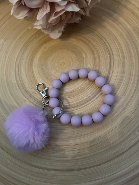 Lavender Beaded Keychain with Pom Pom