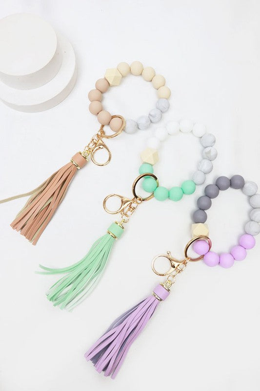 Lavender Beaded Keychain with Pom Pom