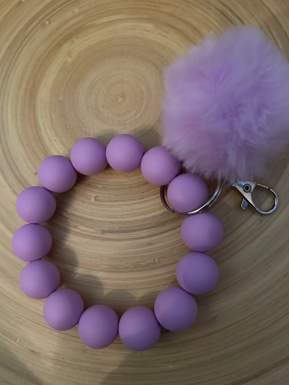 Lavender Beaded Keychain with Pom Pom