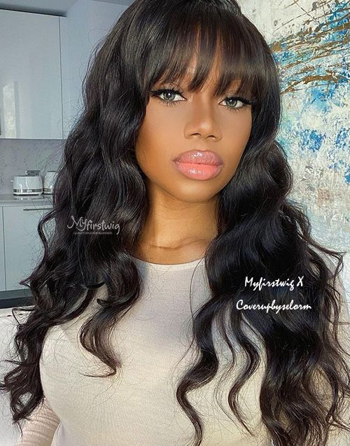 Long Wavy Wig with Bangs brown