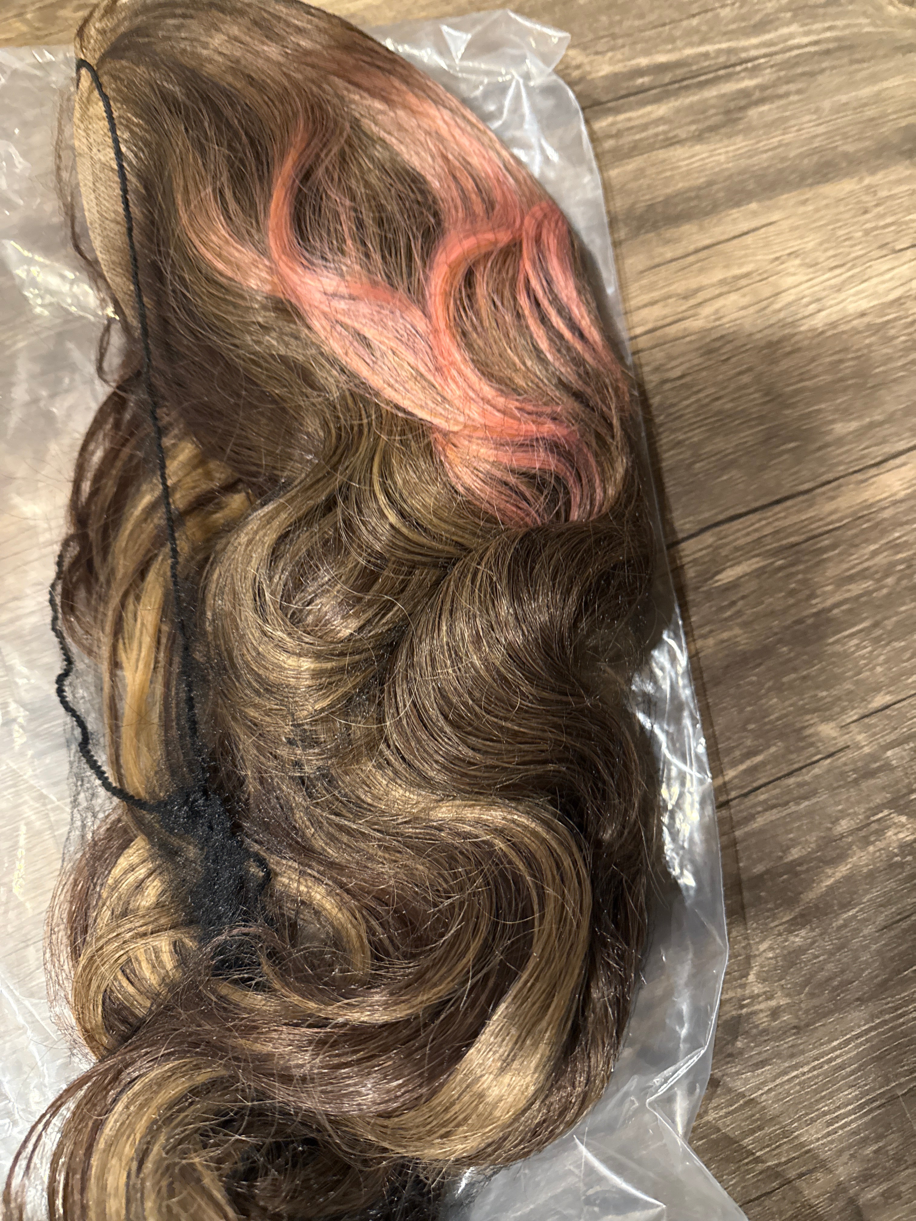 Brown Wavy Hair Wig With Pink Highlights