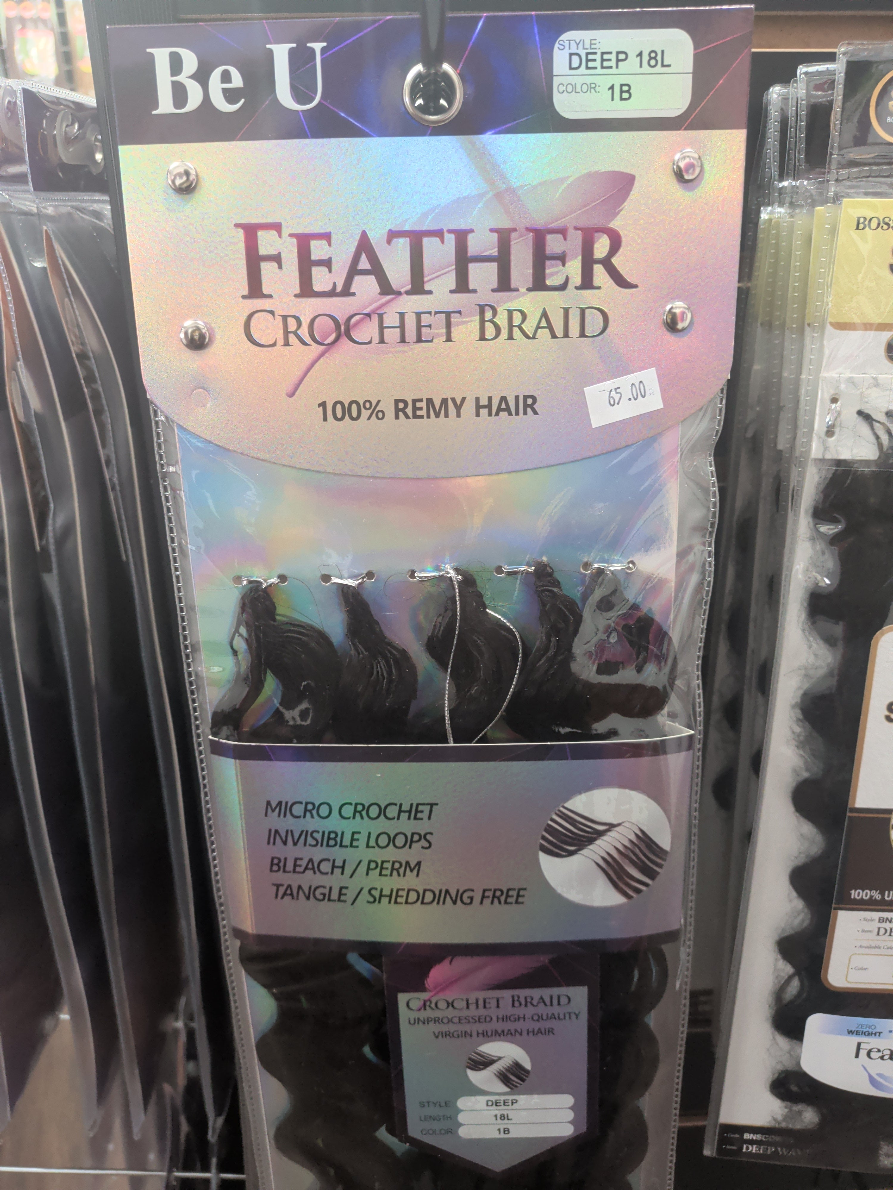 BeU feather crochet braid 100% Remy deep 1b 18"